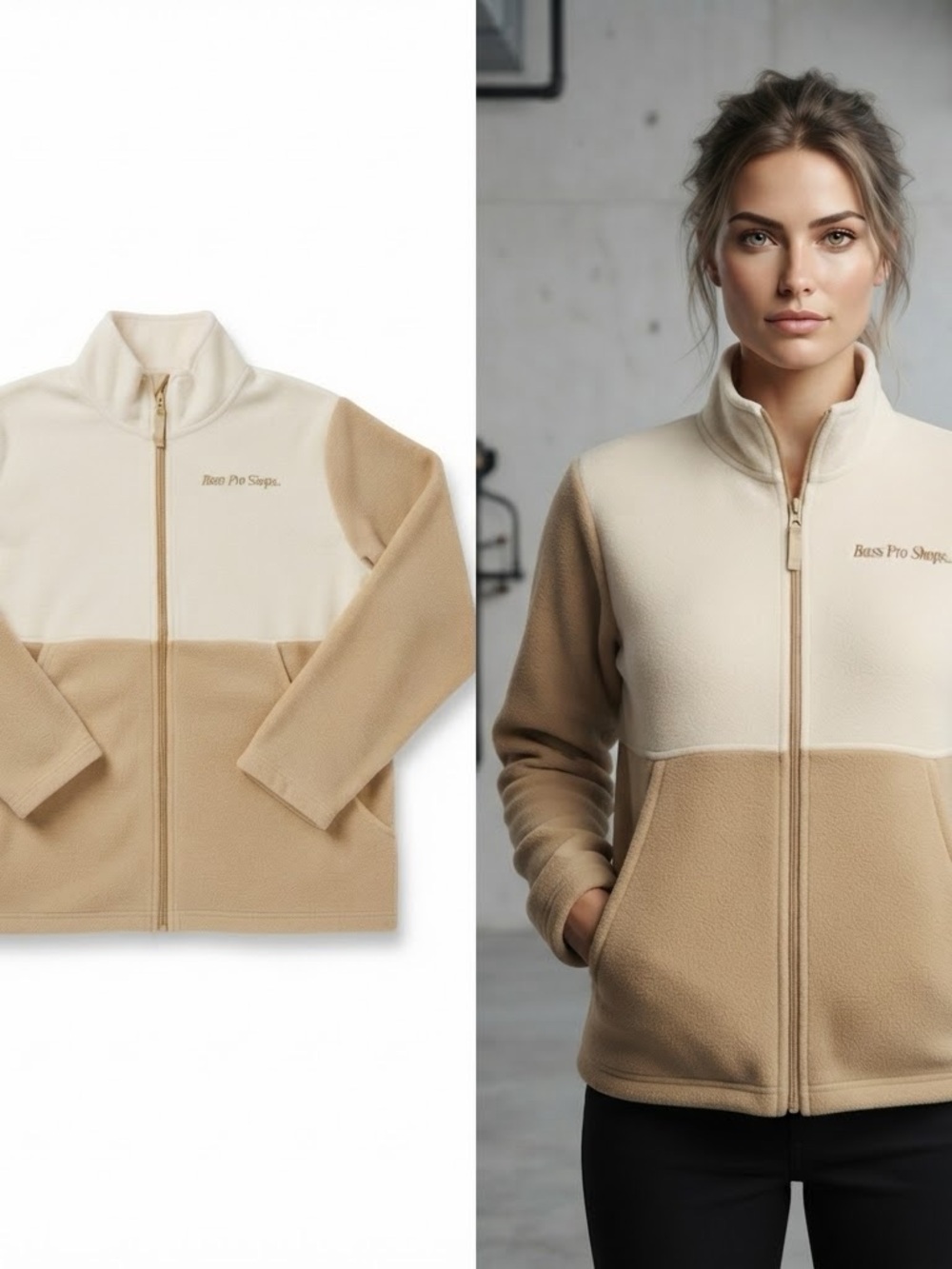 Bass Pro Shops Unisex Two-Tone Fleece Jacket in Cream & Tan Large